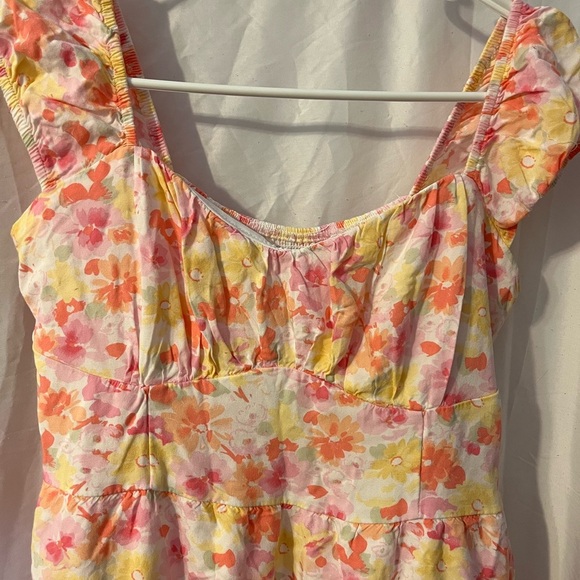 HOLLISTER DRESS FLORAL PINK YELLOW ELASTIC BACK RUFFLED STRAPS - Picture 2 of 9